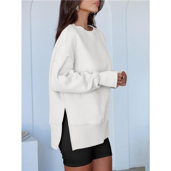 Side Slit Round Neck Long Sleeve Sweatshirt - Picture 12 of 16